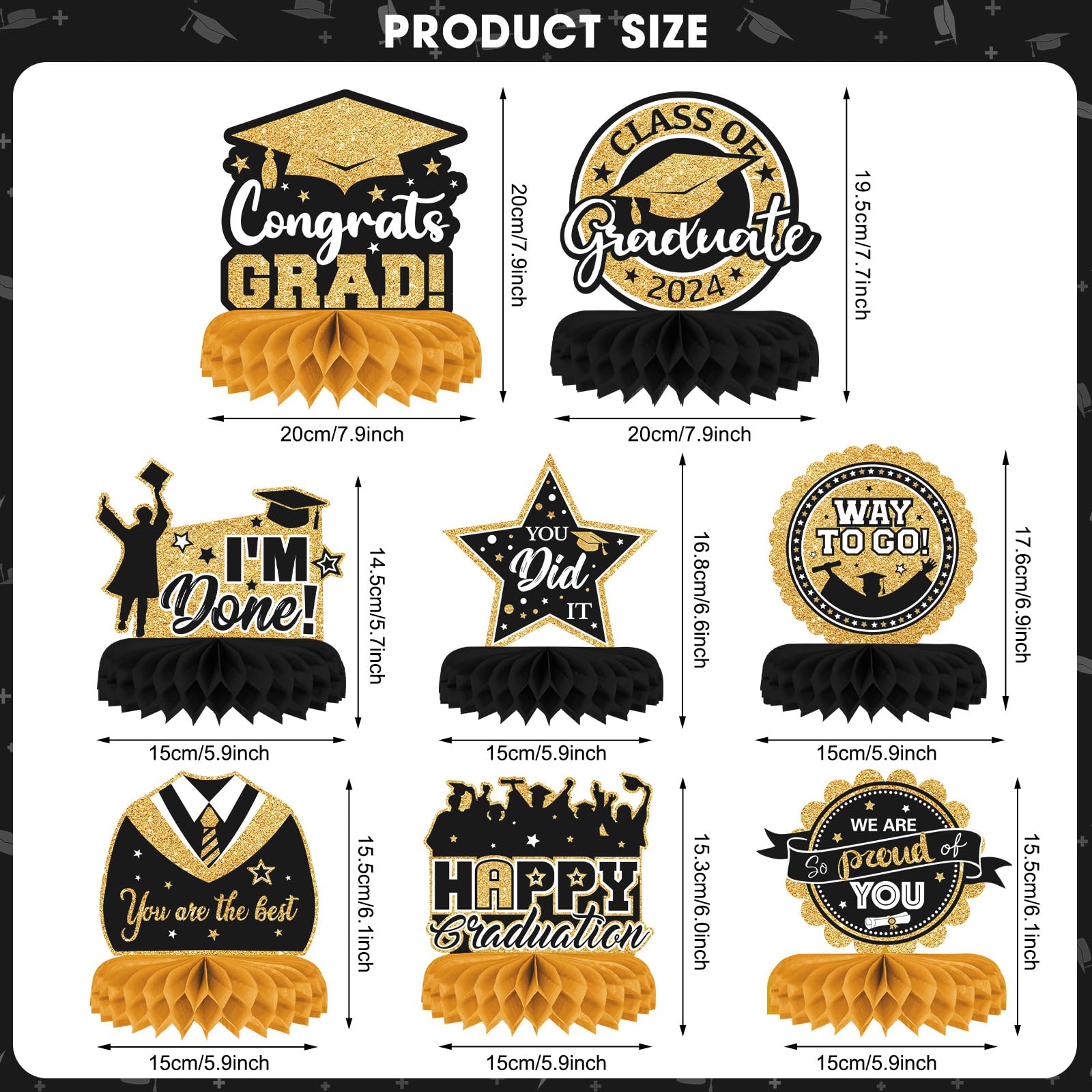 8 Pieces Class of 2024 Graduation Table Decorations - 2024 Congrats Grad Honeycomb Centerpieces, Graduation Table Toppers Decor for 2024 Graduation Party Decorations Favor Supplies (Black and Gold)