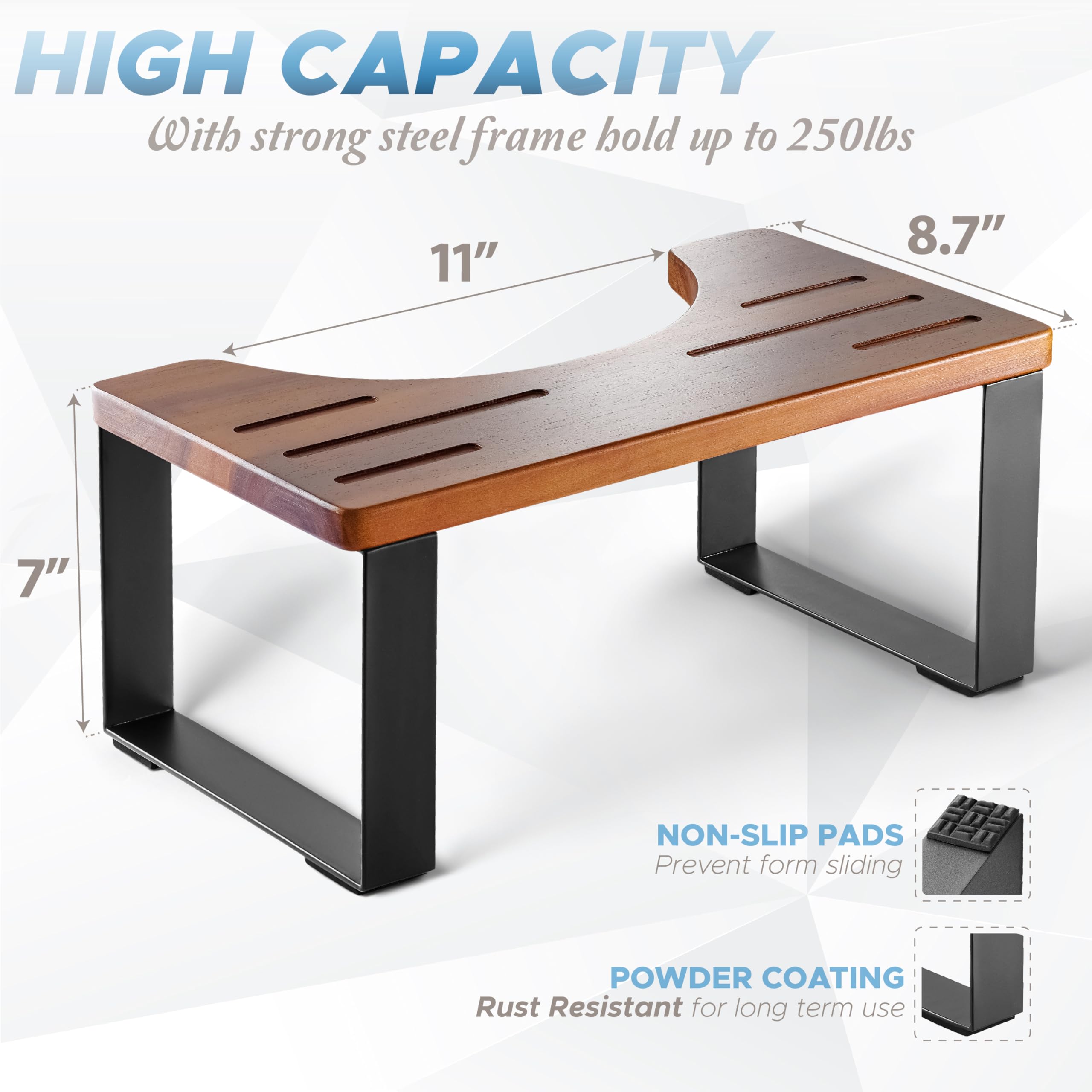 BLUEWEST Poop Stool, Acacia Wood Toilet Stool with Strong Steel Frame for Potty Training, 7 Inch Bathroom Stool, Durable/Sturdy Stool for Adults with Non-Slip