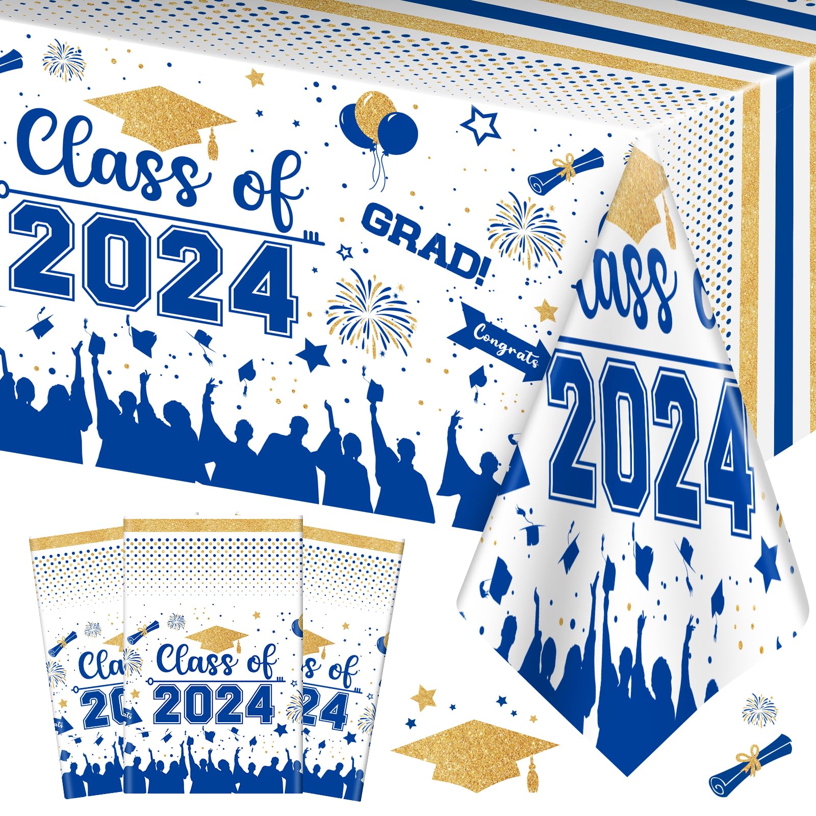 Graduation Decorations Class of 2024 Tablecloth - 3 Pcs Plastic Congrats Grad Table Cloth, Graduation Table Cover for Graduation Party Decorations 2024 and Party Supplies, 54"x108" (Blue and Gold)