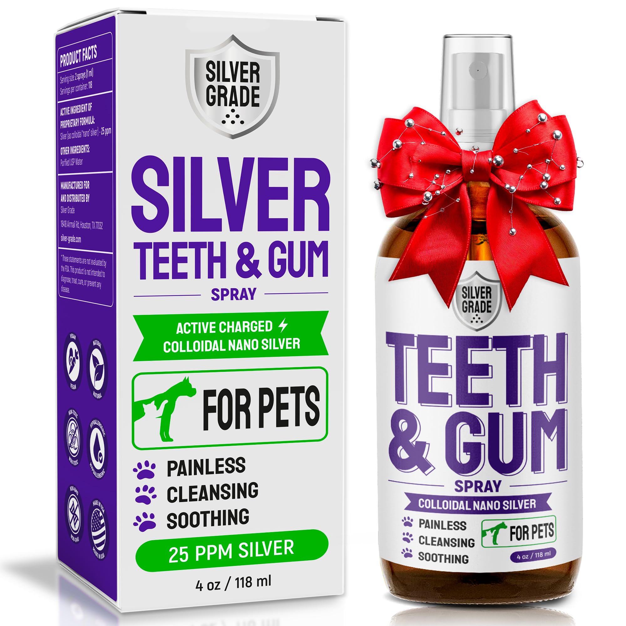 SILVER GRADE Teeth & Gum Spray for Dogs and Cats ● Dental Formula for Dog Mouth Rinse & Cat Mouth Care ● Cat & Dog Fresh Breath, Clean Teeth, No Pain Or Burning ● Dog Plaque and Tartar Remover (4 Oz)