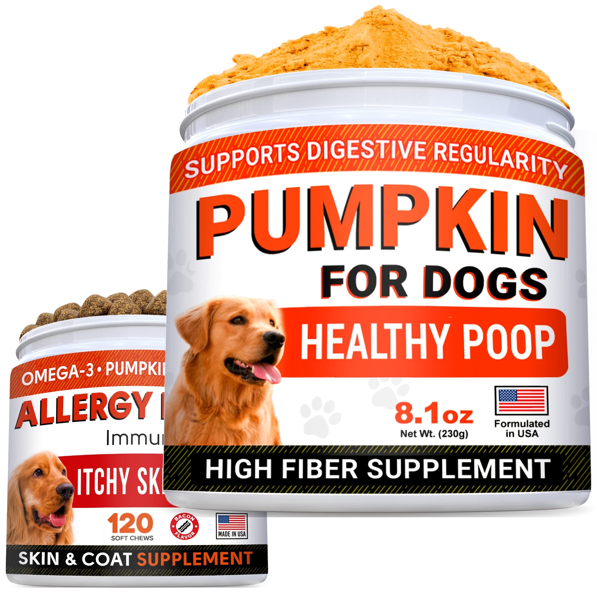 Pumpkin for Dogs + Allergy Relief Bundle - Upset Stomach + Itchy Skin Relief - Pure Pumpkin Powder + Omega 3 + Enzymes + Turmeric - Digestion Support + Skin & Coat Health - 8.1oz + 120ct - Made in USA