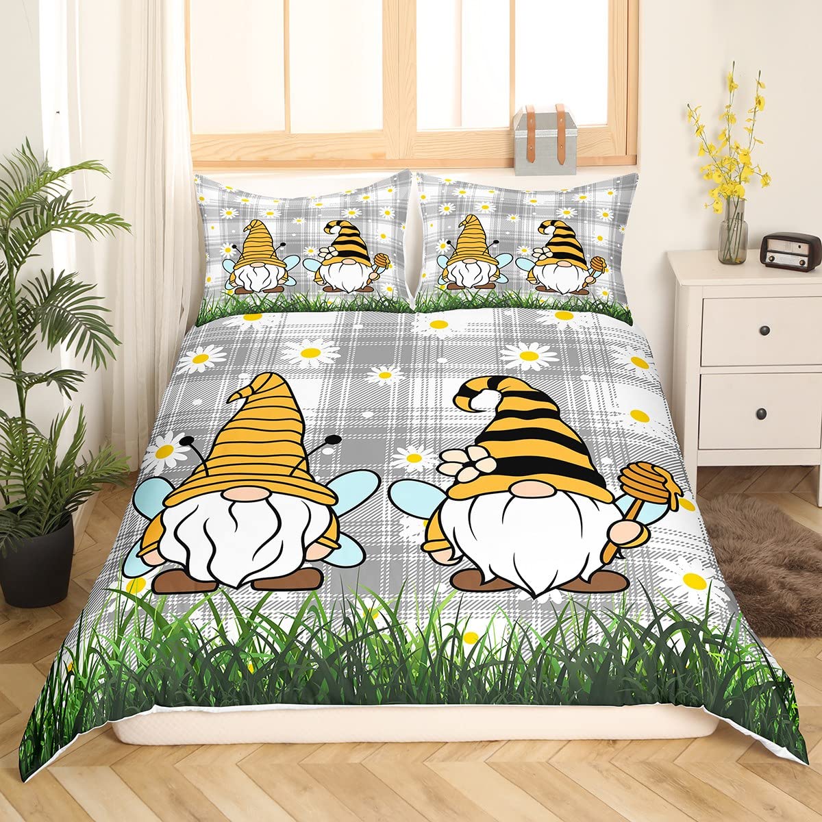 Erosebridal Funny Gnome Duvet Cover Queen Spring Bee Gnome Sunflower Bedding Set for Girls Teens White Daisy Floral On Grey White Checked Comforter Cover Honeycomb Grass Room Decor Quilt Cover