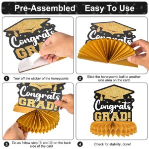 8 Pieces Class of 2024 Graduation Table Decorations - 2024 Congrats Grad Honeycomb Centerpieces, Graduation Table Toppers Decor for 2024 Graduation Party Decorations Favor Supplies (Black and Gold)