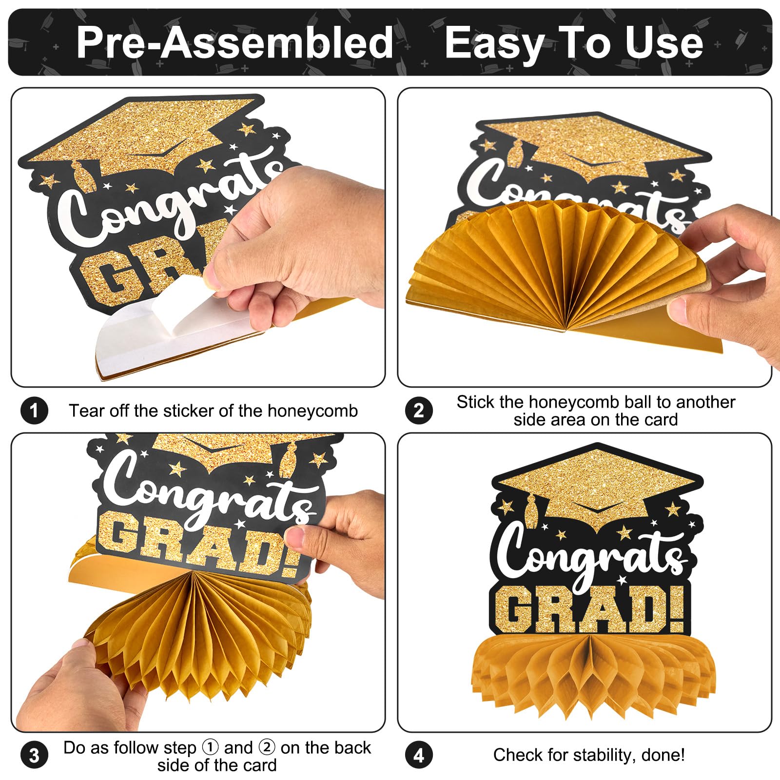 8 Pieces Class of 2024 Graduation Table Decorations - 2024 Congrats Grad Honeycomb Centerpieces, Graduation Table Toppers Decor for 2024 Graduation Party Decorations Favor Supplies (Black and Gold)