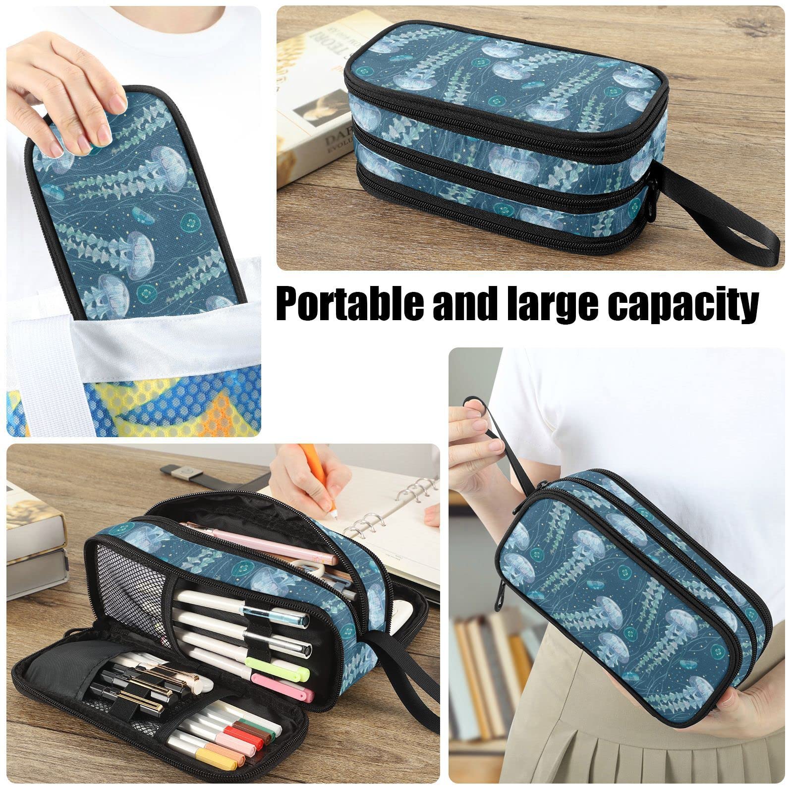 Fustylead Transparent Jellyfish Big Capacity Pencil Pen Case, Multi-Purpose Makeup Bag Organizer Storage Pouch for Office College School Hiking Travel