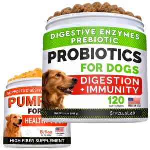 probiotics + pumpkin for dogs bundle - allergy, gas, diarrhea + constipation, food sensitivity, scoot - digestive enzymes + prebiotics + pure pumpkin powder - immunity - 120ct + 8.1oz - made in usa