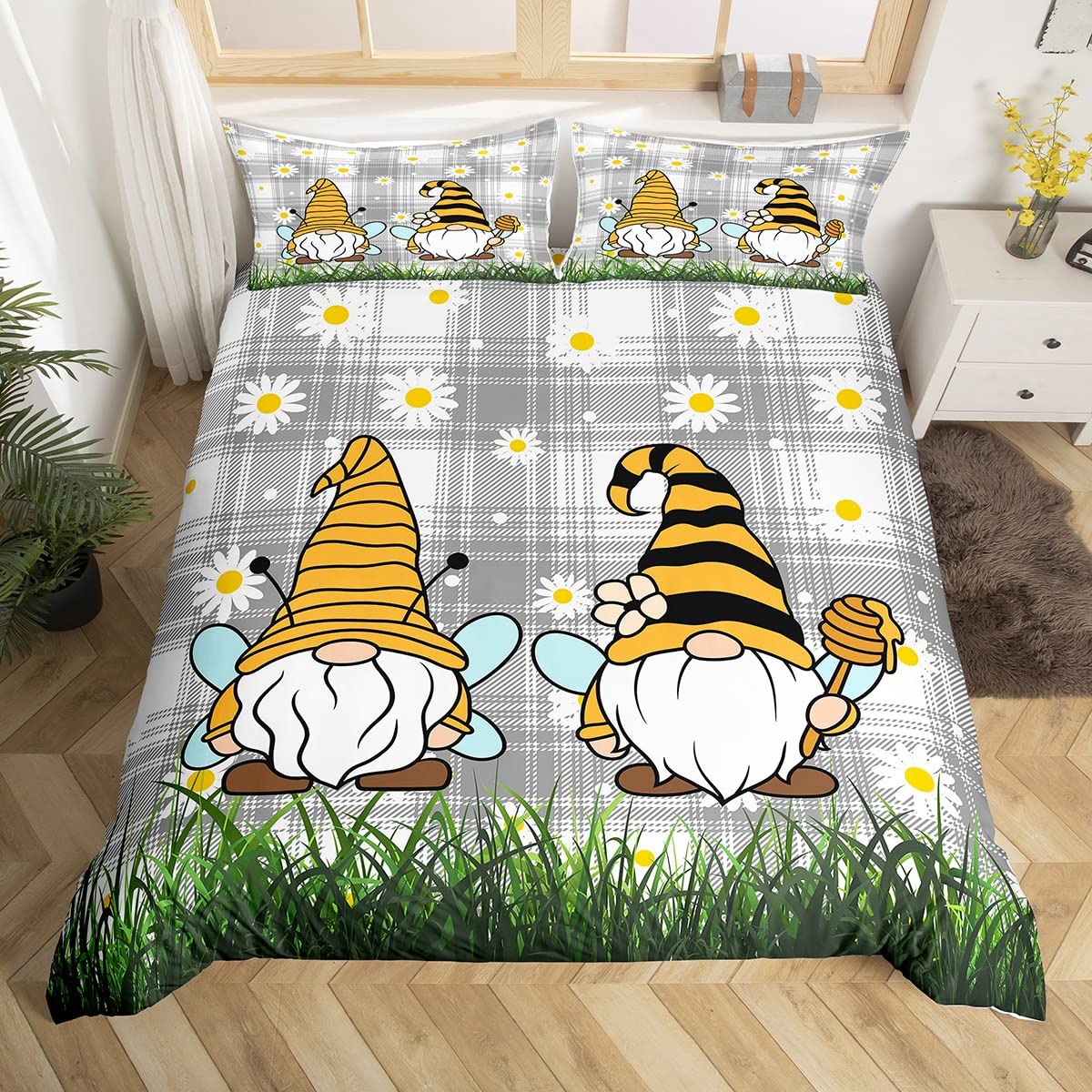 Erosebridal Funny Gnome Duvet Cover Queen Spring Bee Gnome Sunflower Bedding Set for Girls Teens White Daisy Floral On Grey White Checked Comforter Cover Honeycomb Grass Room Decor Quilt Cover