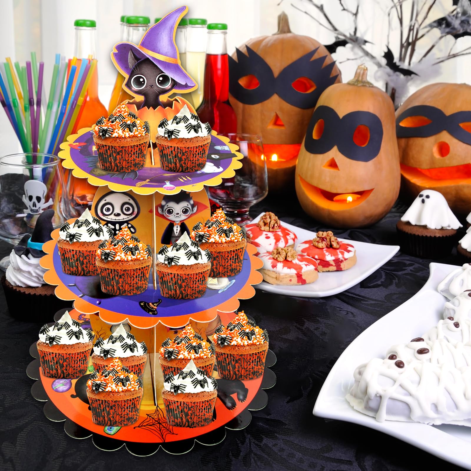 ceiba tree Halloween Cupcake Stand Decorations Holder Dessert Tower 3 Tier Cardboard Pumpkin Trick or Treat Party Birthday Supplies for Kids