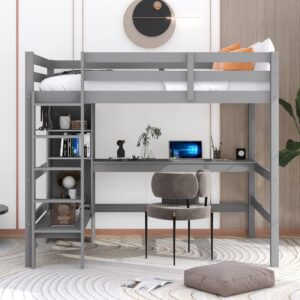 Harper & Bright Designs Full Loft Bed with Desk and Storage Shelves, Wood Full Size Loft Bed with Desk Underneath, High Loft Bed Full with Slat Support for Kids, Boys,Girls,Teens, Grey