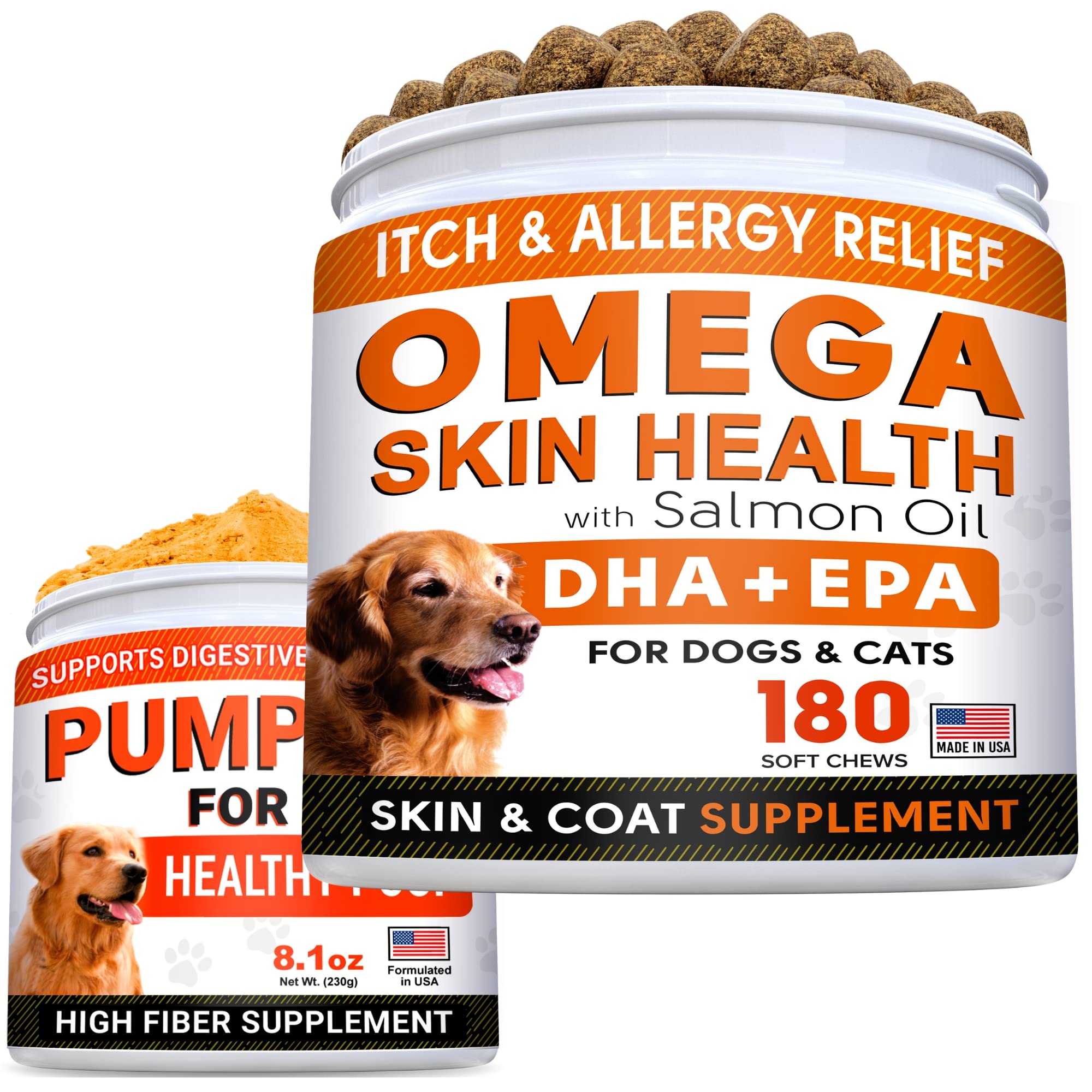 Fish Oil Omega 3 + Pumpkin for Dogs Bundle - Allergy and Itch Relief + Upset Stomach - Omega 6 9 - EPA & DHA + Pure Pumpkin Powder - Skin and Coat Supplement + Digestion - 180ct + 8.1oz - Made in USA