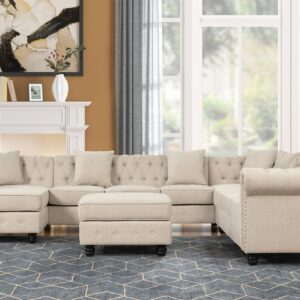 Morden Fort Chesterfield Modular Convertible Sectional U-Shape Polyester Fabric Sofa with Chaise Accent Tufted Couch for Living Room Furniture Set