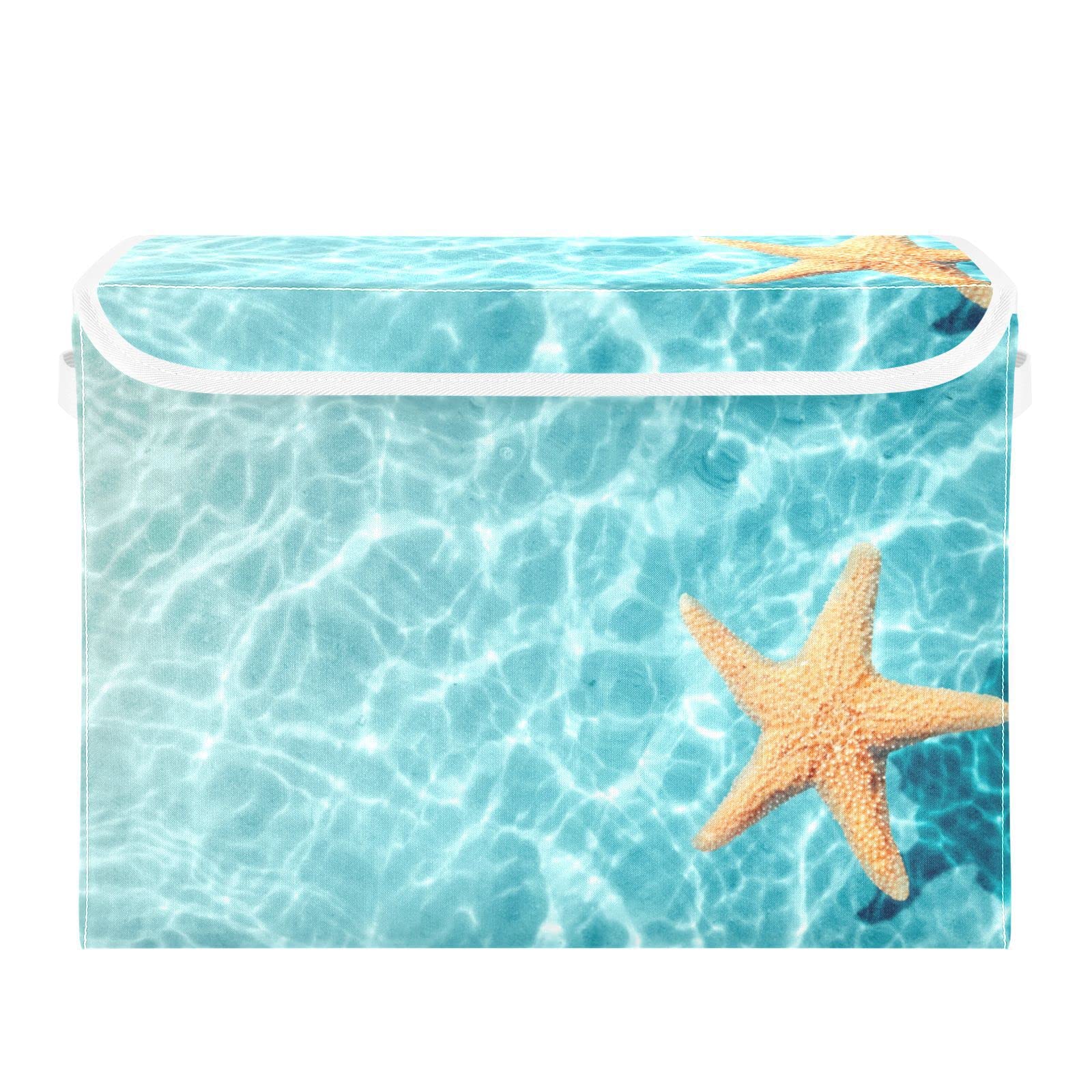 RunningBear Starfish Summer Beach Large Storage Bins with Lid Collapsible Storage Bin Cube Storage Bin Fabric Storage for Boys Girls Toys