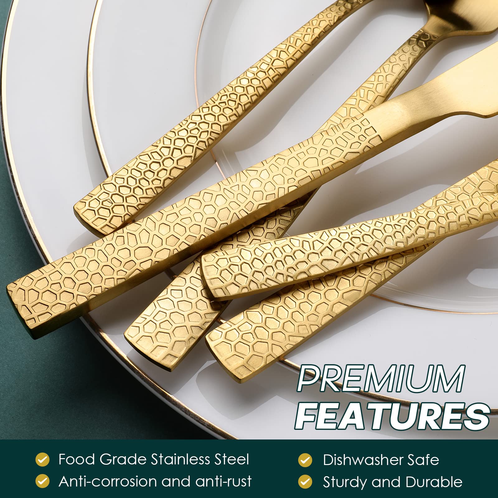 Hammered Gold Silverware Set, OGORI 30-Piece Food Grade Stainless Steel Matte Gold Flatware Set with Square Handle, Service for 6, Tableware Cutlery Set for Home and Restaurant, Dishwasher Safe