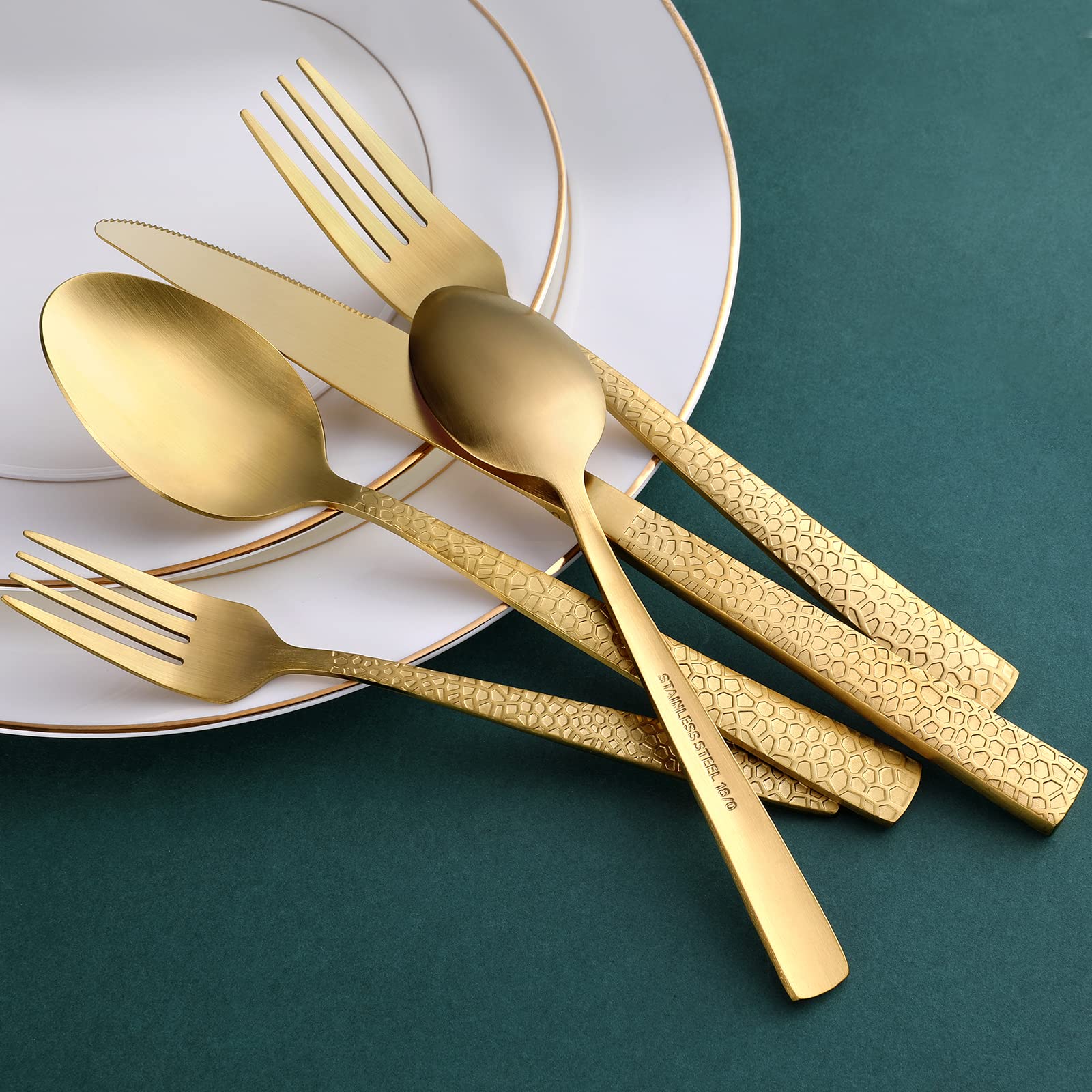 Hammered Gold Silverware Set, OGORI 30-Piece Food Grade Stainless Steel Matte Gold Flatware Set with Square Handle, Service for 6, Tableware Cutlery Set for Home and Restaurant, Dishwasher Safe