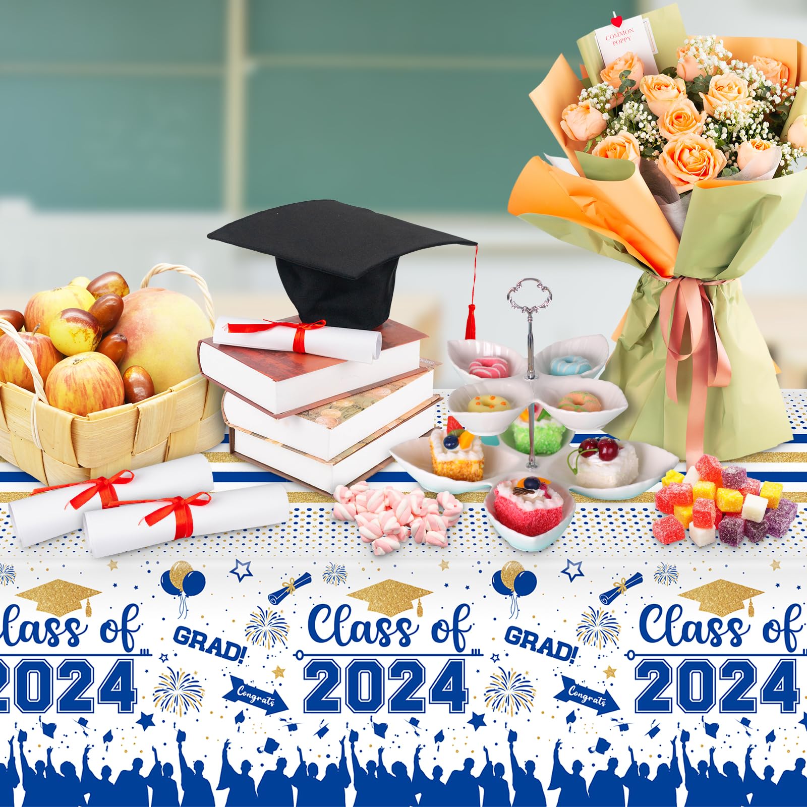 Graduation Decorations Class of 2024 Tablecloth - 3 Pcs Plastic Congrats Grad Table Cloth, Graduation Table Cover for Graduation Party Decorations 2024 and Party Supplies, 54"x108" (Blue and Gold)