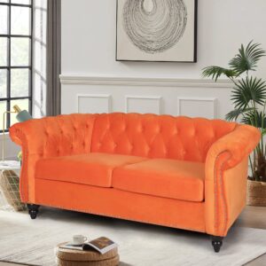 RARZOE Traditional Chesterfield Loveseat Sofa, Modern Vintage Chesterfield Button Tufted Velvet Couch with Nailhead Trim Scrolled Arms for Living Room Bedroom Office(Orange)