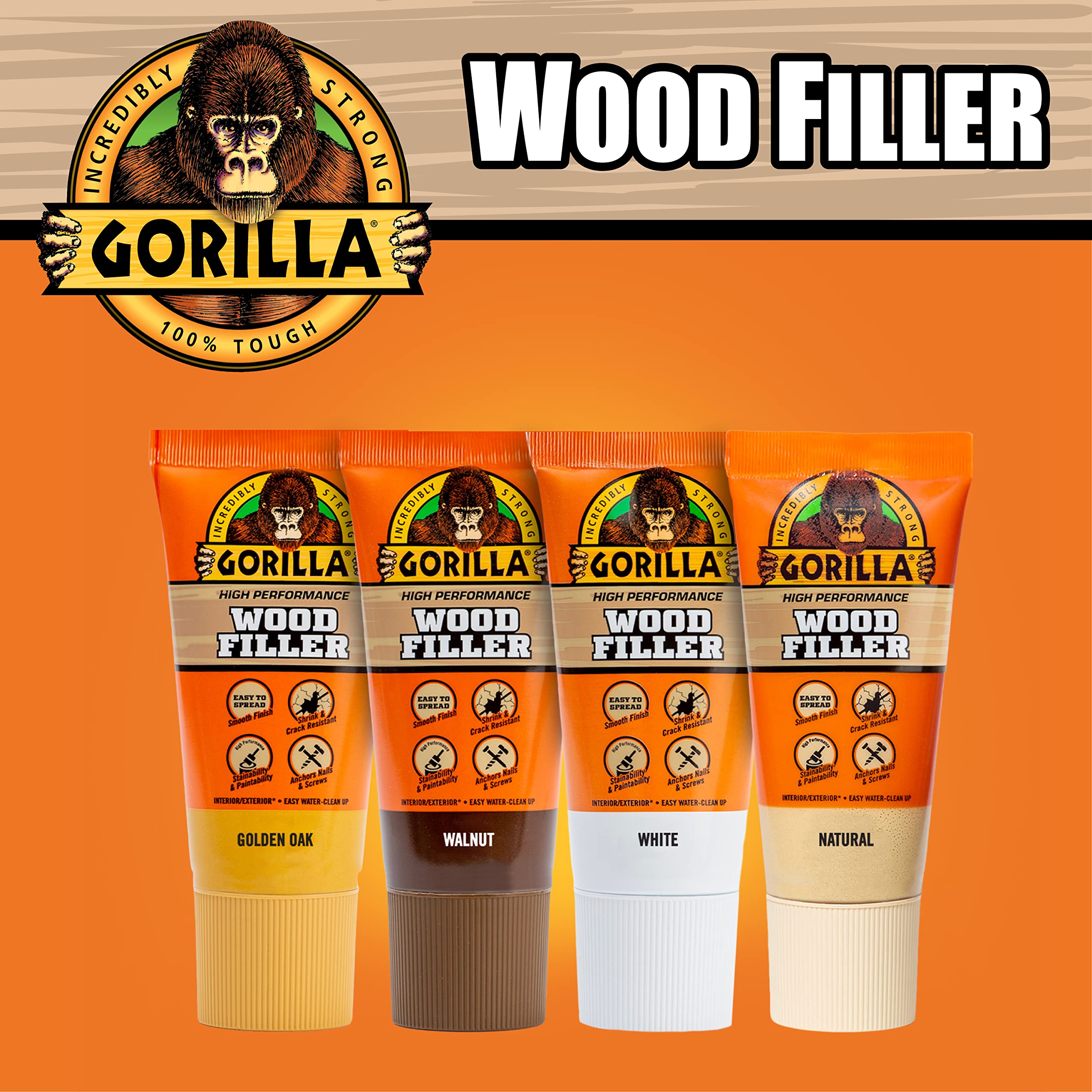 Gorilla All Purpose Wood Filler, 6oz Tube, Golden Oak (Pack of 1)