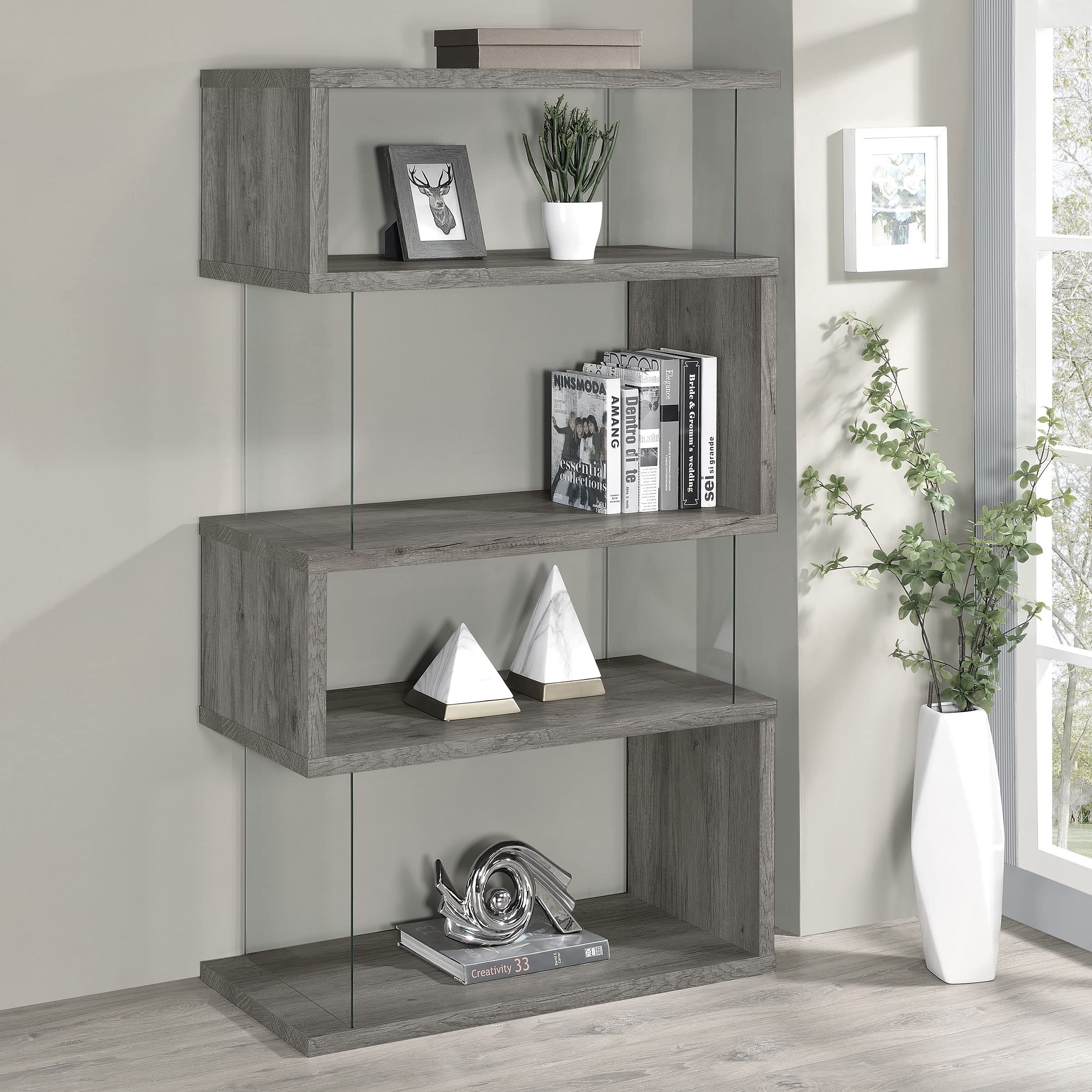 Coaster Home Furnishings Emelle 4-Shelf Bookcase with Glass Panels Grey Driftwood