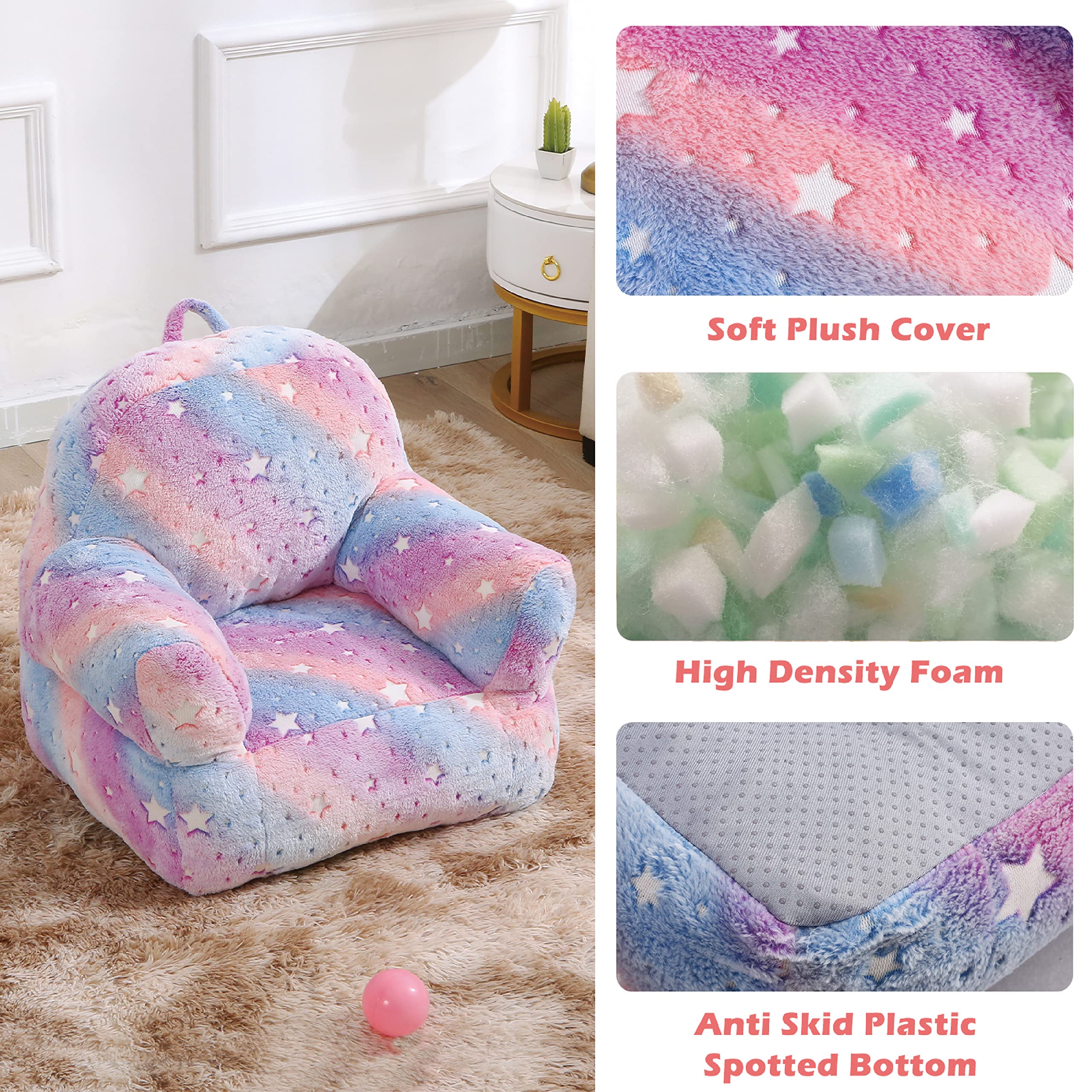 fond + found Toddler Chair, Glow in The Dark Kids Sofa Bean Bag Chair for Kids Children Couch Toddler Sofa Chair Mini Sofa Armrest Chair for Children, Lightweight Children Sofa Chair (Rainbow Pink)