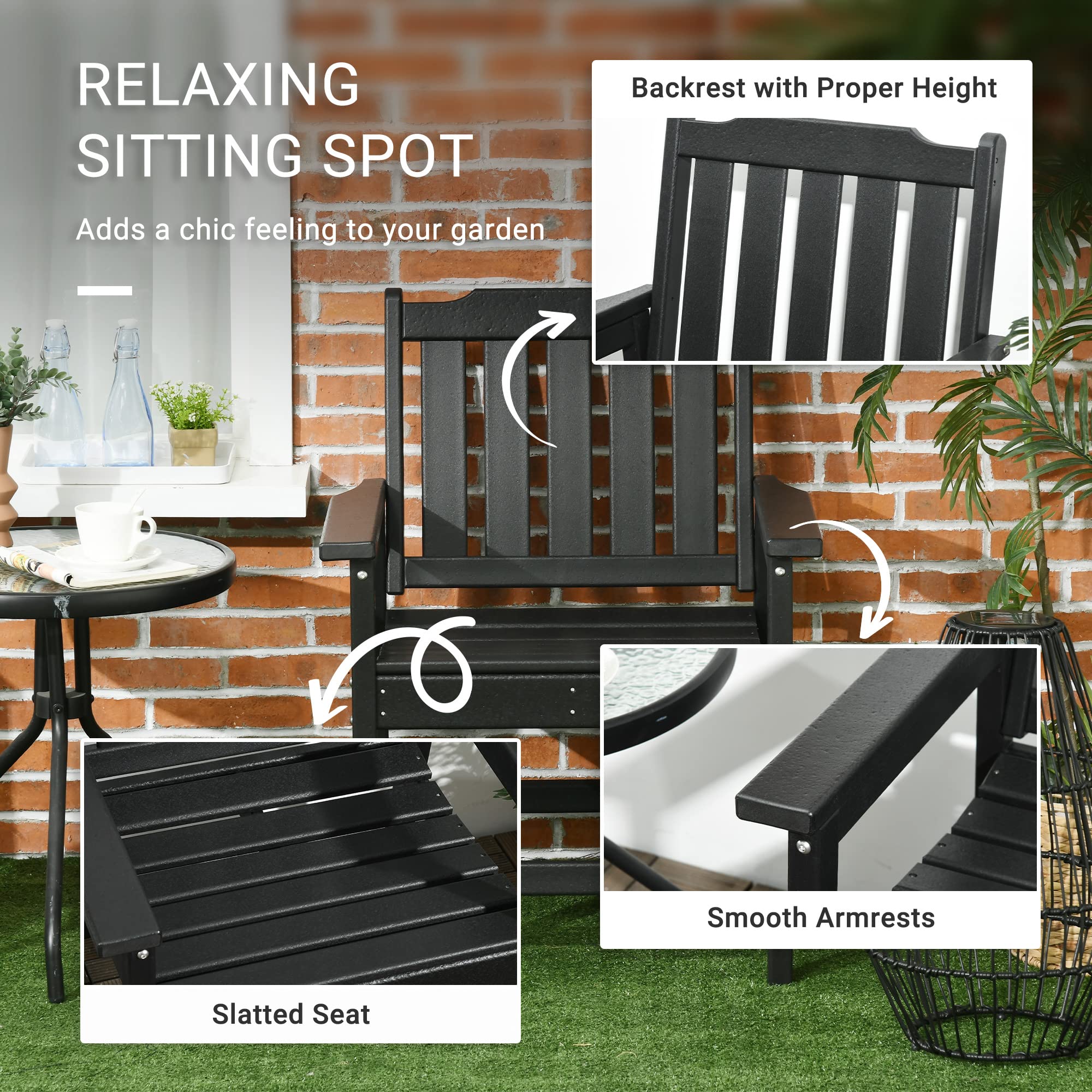 Outsunny All-Weather Patio Chair, HDPE Patio Dining Chair, Heavy Duty Wood-Like Outdoor Furniture for Garden, Backyard, Deck, Porch, Lawn, Black