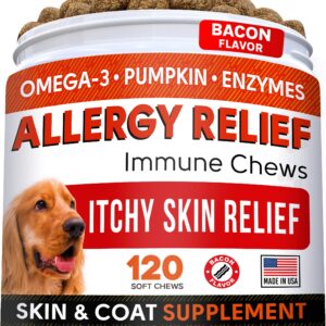 Pumpkin for Dogs + Allergy Relief Bundle - Upset Stomach + Itchy Skin Relief - Pure Pumpkin Powder + Omega 3 + Enzymes + Turmeric - Digestion Support + Skin & Coat Health - 8.1oz + 120ct - Made in USA