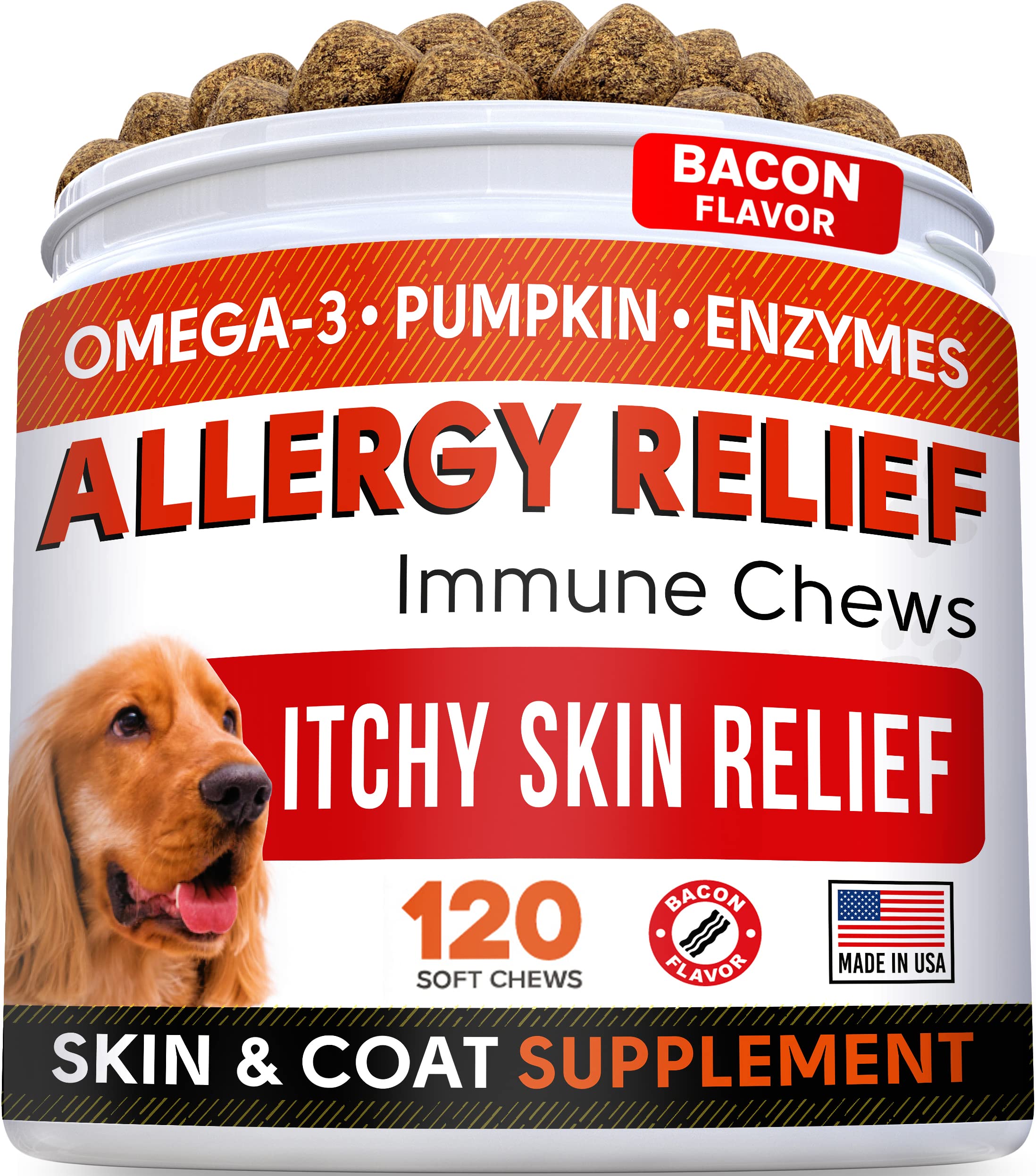 Pumpkin for Dogs + Allergy Relief Bundle - Upset Stomach + Itchy Skin Relief - Pure Pumpkin Powder + Omega 3 + Enzymes + Turmeric - Digestion Support + Skin & Coat Health - 8.1oz + 120ct - Made in USA