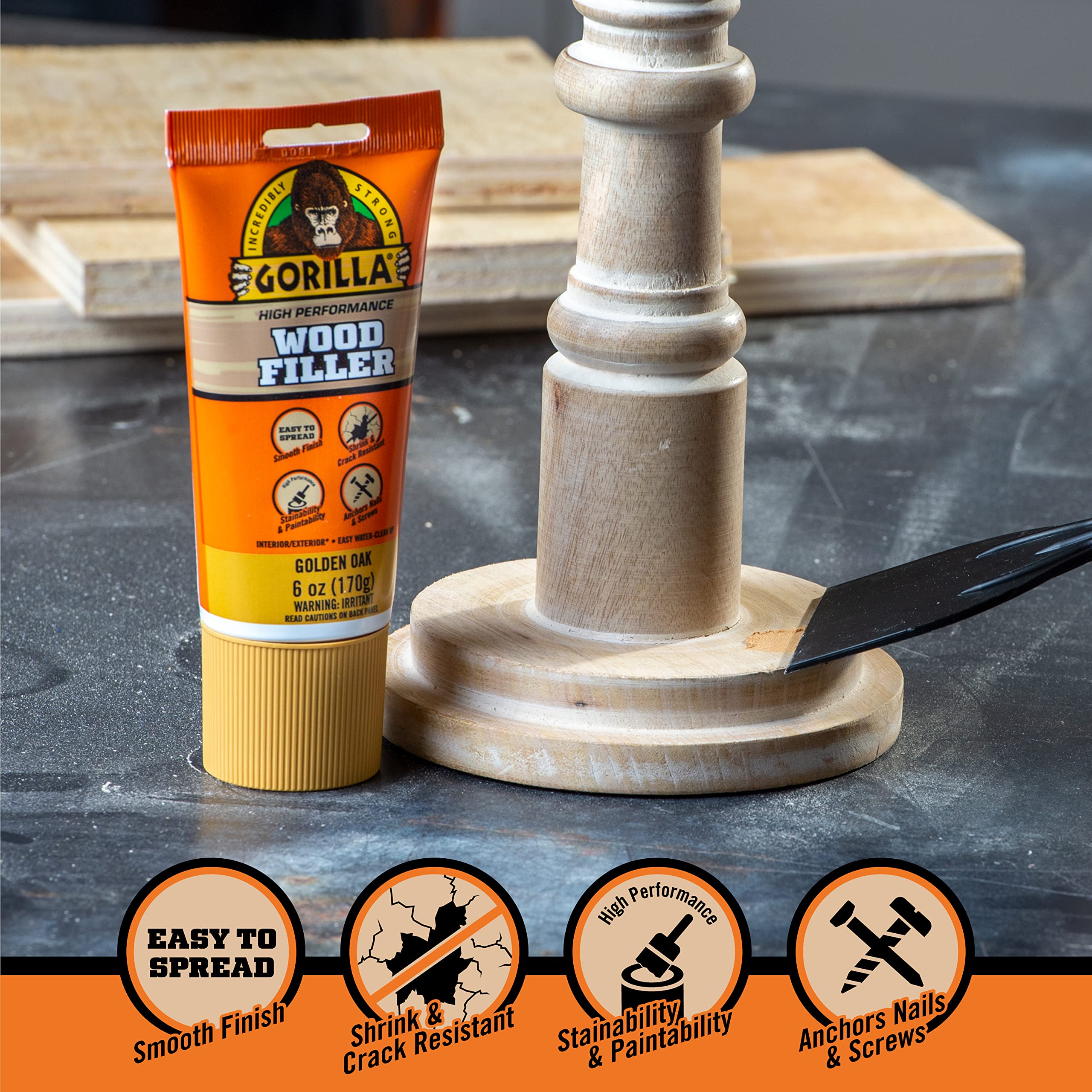 Gorilla All Purpose Wood Filler, 6oz Tube, Golden Oak (Pack of 1)