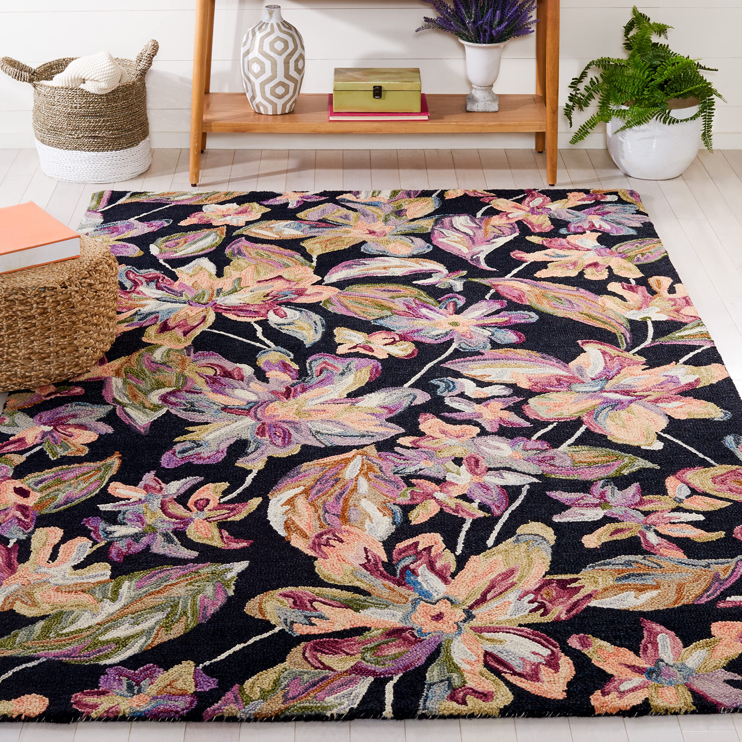 SAFAVIEH Blossom Collection Accent Rug - 3' x 5', Black & Plum, Handmade French Country Floral Wool, Ideal for High Traffic Areas in Entryway, Living Room, Bedroom (BLM461Z)