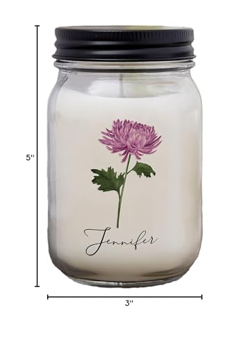 Personalization Universe Birth Month Flower Personalized Farmhouse Candle Jar, Customizable with Name, Date, and Birth Flower, Lakeside Rain Scent, 50-60 Hours Burn Time, Made in USA, for Women