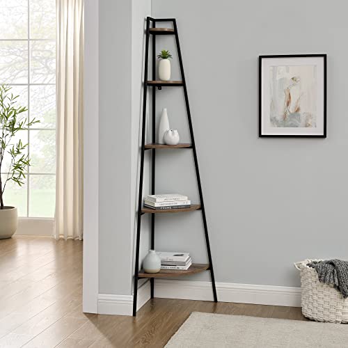 Walker Edison Freya Modern Industrial 5-Shelf Metal and Wood Corner Bookcase, 72 Inch, Rustic Oak