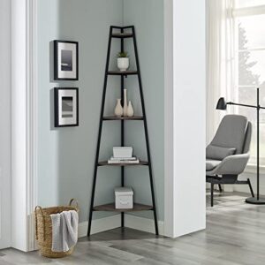 Walker Edison Freya Modern Industrial 5-Shelf Metal and Wood Corner Bookcase, 72 Inch, Grey Wash