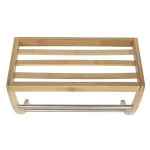 Bamboo Wall Mount Shelf with 2-Tier Curved Towel Rack by Home Basics | Open Slanted Shelf Organizer Rack with Natural Finish | Strong Steel Rod Towel Bars