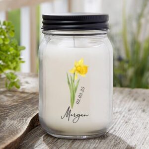 Personalization Universe Birth Month Flower Personalized Farmhouse Candle Jar, Customizable with Name, Date, and Birth Flower, Lakeside Rain Scent, 50-60 Hours Burn Time, Made in USA, for Women