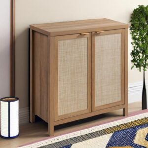 SICOTAS Sideboard Buffets Storage Cabinet - Boho Large Coffee Bar Cabinet with Rattan Decorated Door - Farmhouse Chest Credenza - Wood Cupboard Console Table for Kitchen Dining Room - Oak