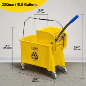 Matthew Cleaning Compact Mop Bucket INCL.2 Pack Mop Head with Side Press Wringer On Wheels,Tandem Portable Floor Cleaning Wavebrake,Ideal for Household,Industrial,Restaurant,Janitorial Use-22 Quart