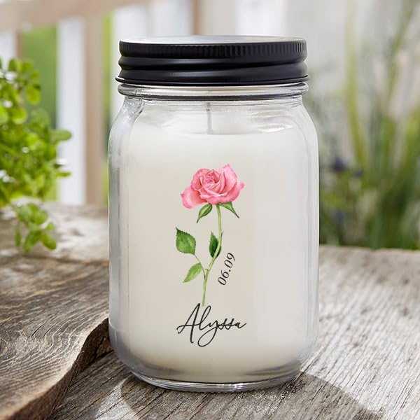 Personalization Universe Birth Month Flower Personalized Farmhouse Candle Jar, Customizable with Name, Date, and Birth Flower, Lakeside Rain Scent, 50-60 Hours Burn Time, Made in USA, for Women