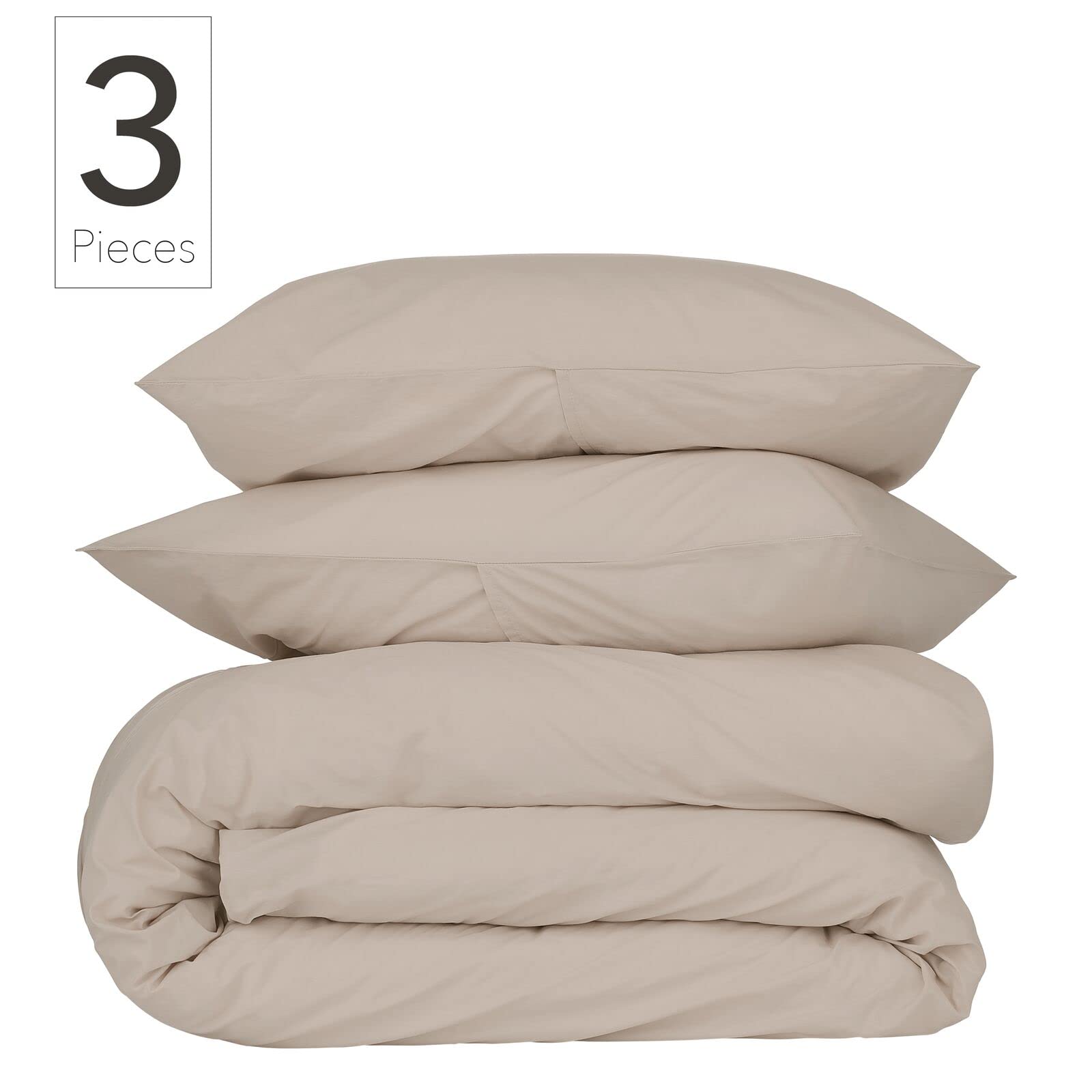 Nate Home by Nate Berkus 200TC 3-Piece Cotton Percale Duvet Cover | Crisp, Cool, Breathable Bedding Set from mDesign - Full/Queen Size - 1 Duvet Cover/2 Pillow Shams, Fossil (Beige)