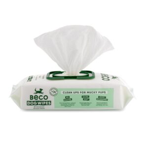 beco bamboo dog wipes, thick grooming wipes for easy pet cleanup, home compostable, 80 count (unscented)