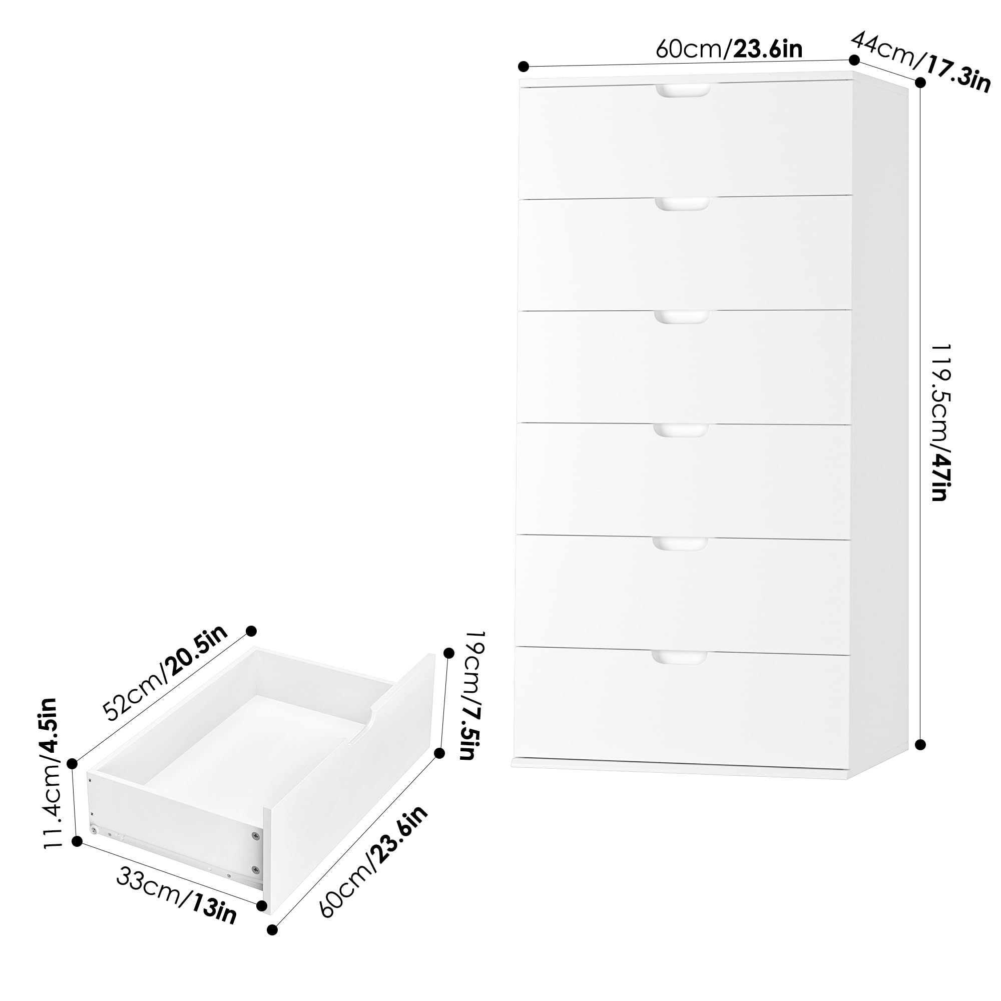 FOTOSOK Tall Dresser 47", White Dresser with 6 Drawers, Modern Chest of Drawers with Handless Design, 6 Drawer Dresser Verticle Dresser for Home & Office