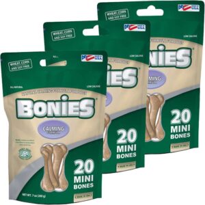 bonies natural calming formula dog treats - contains chamomile & lavender, help anxiety, excessive barking & trembling, chicken flavor, mini, 60 bones