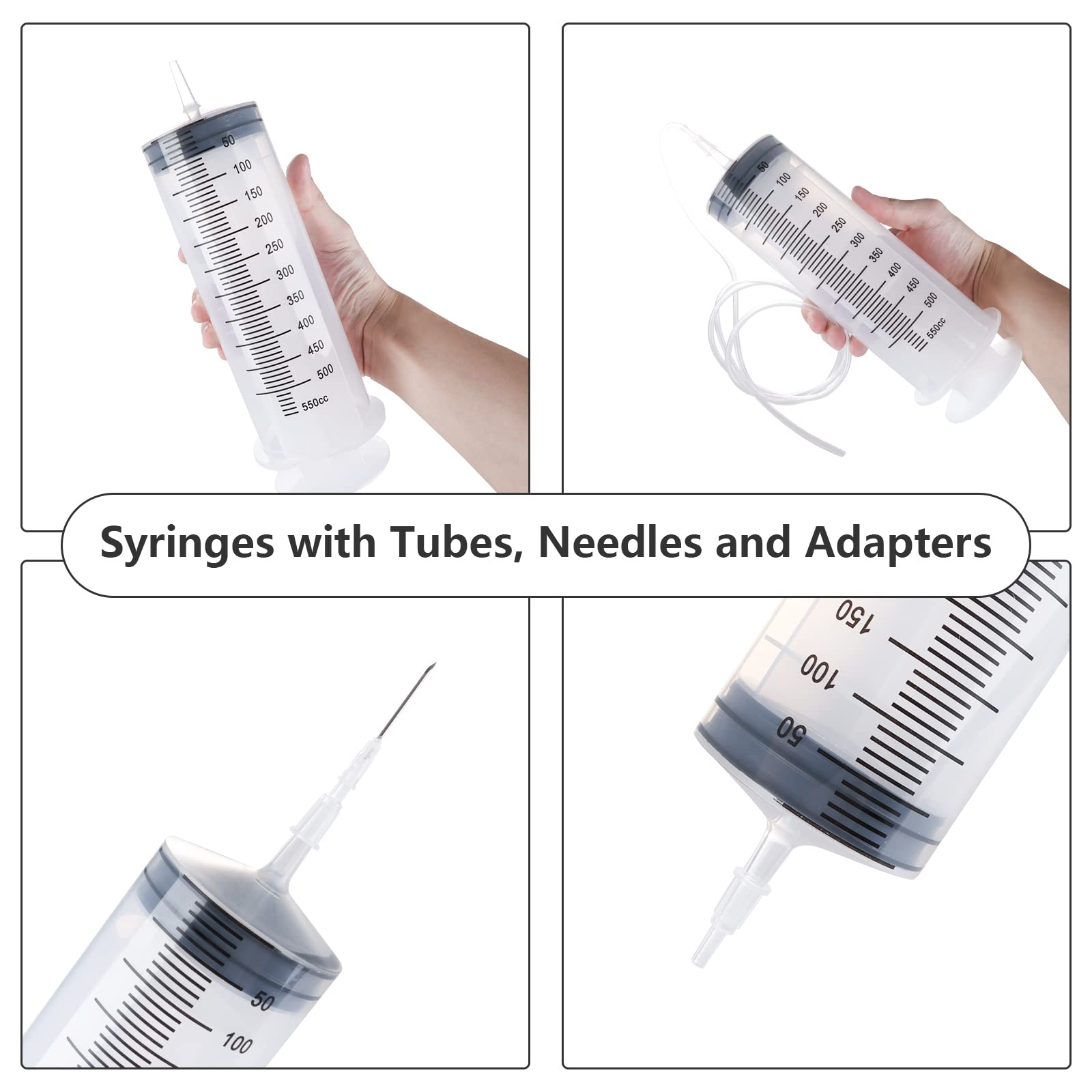 AKOLAFE 2 Sets of 500ml Syringe with 51.2 Inch Tube, Needle, Adapter, Plastic Syringe with Needle, Large Syringe for Liquid, Resin, Oil, Draining, Refilling, Dispensing, Measuring, Feeding