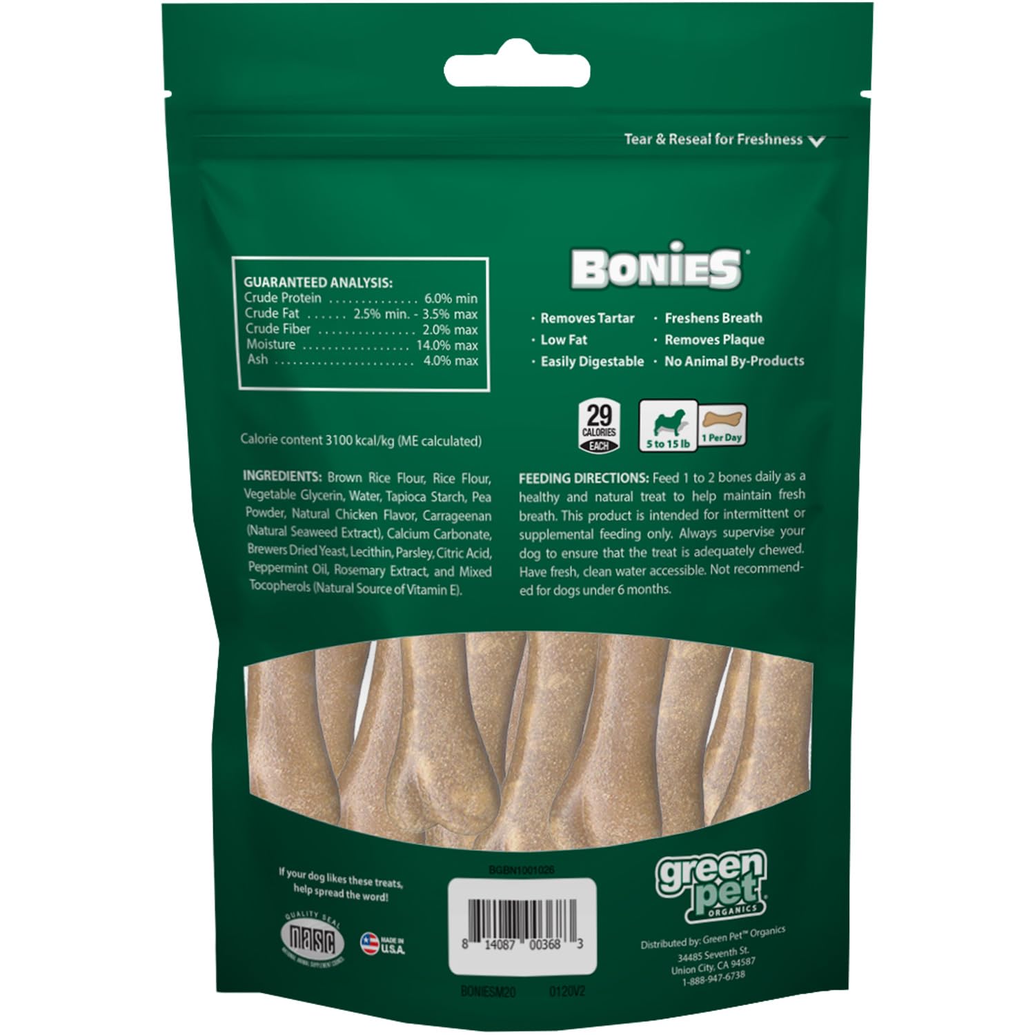 Bonies Natural Breath and Dental Formula Treats for Dogs, Made in USA - All Natural - Freshens Breath - Low Calories - for Dog Chicken Flavor, 60 Mini Bones