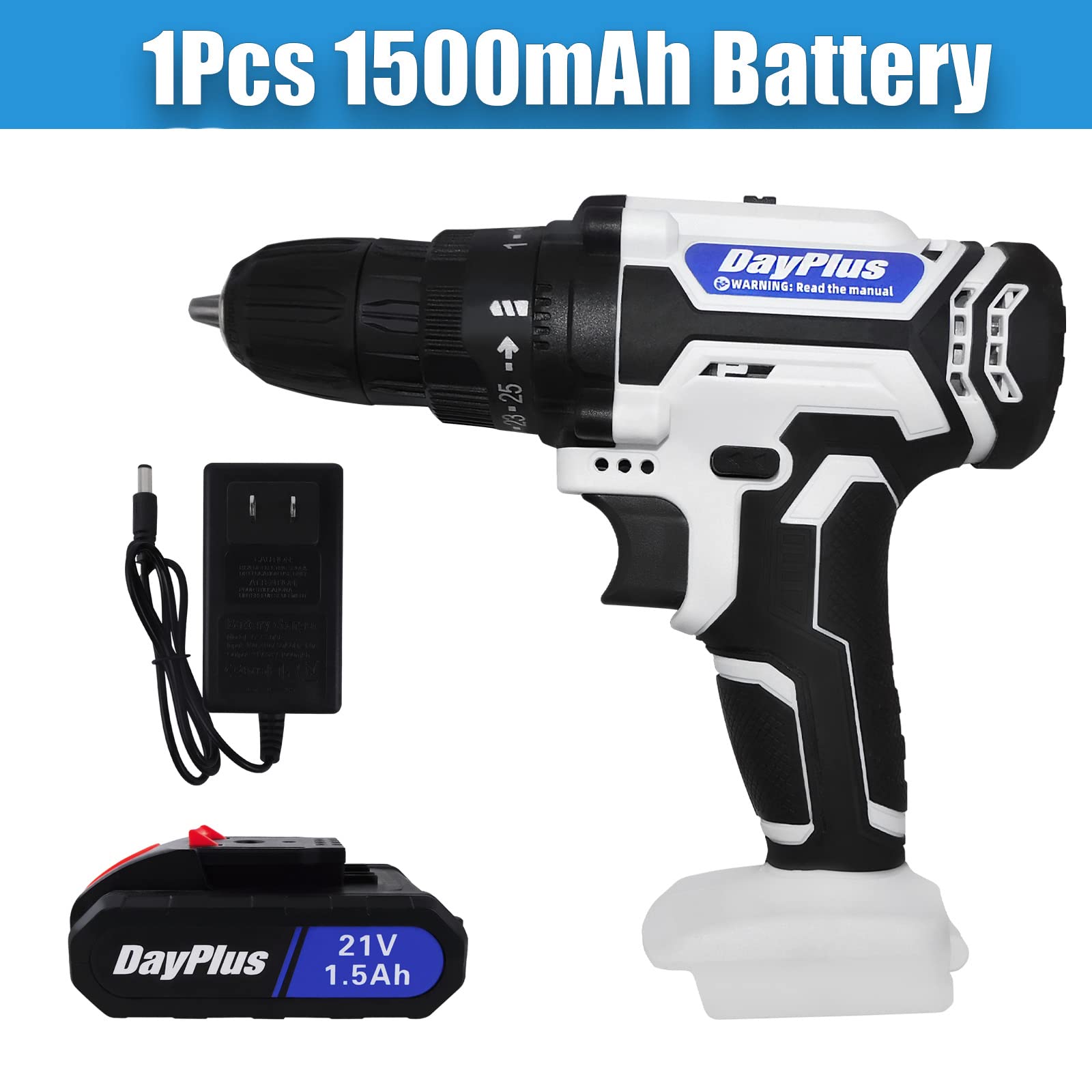 21V Cordless Drill Driver Screwdriver with 1500mAH Li-ion Battery, 2 Variable Speed 25+1 Torque Setting with LED Light, Portable Rechargeable Impact Drill Tool Kit with Storage Case for Home DIY