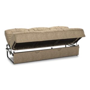 Qualitex Belmont 68" RV Sofa Bed, Ultimate Leather, Full Size Bed, w/Cupholders, Removable, Slide-Out Arms, Fawn