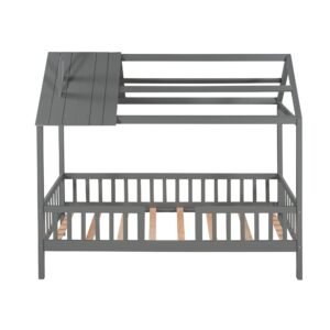 MERITLINE Twin Kids House Bed, Wood Platform Bed Frame with Fence, Montessori Beds with Wood Slats Support, Playhouse Bed Frame for Toddlers Girls Boys Teens, Twin Size, Grey