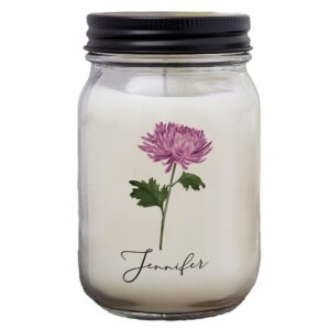 personalization universe birth month flower personalized farmhouse candle jar, customizable with name, date, and birth flower, lakeside rain scent, 50-60 hours burn time, made in usa, for women