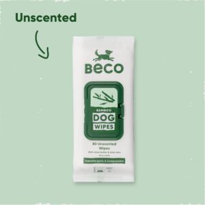 Beco Bamboo Dog Wipes, Thick Grooming Wipes for Easy Pet Cleanup, Home Compostable, 80 Count (Unscented)