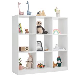 costzon toy organizers and storage, wooden white 9-cube kids bookcase for books toys display organization, toddler bookshelf for bedroom, living room, nursery, playroom