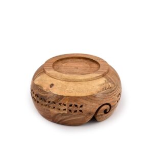 SAMHITA Acacia Wood Yarn Bowl Holder |Hand Carved Yarn Bowls for DIY Knitting Crocheting Accessories (7" x 7" x 4")