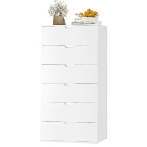 FOTOSOK Tall Dresser 47", White Dresser with 6 Drawers, Modern Chest of Drawers with Handless Design, 6 Drawer Dresser Verticle Dresser for Home & Office